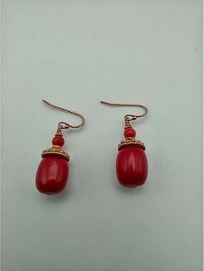 Vintage Gold Vermeil 925 Sterling Red Bead Dangle Earrings